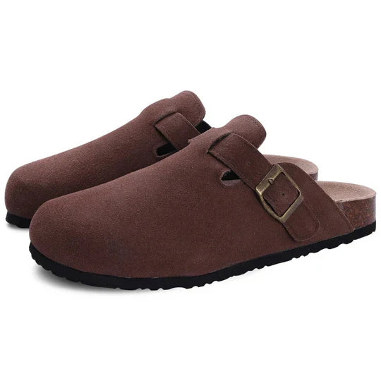 Women's orthopedic suede cork footbed slippers with adjustable straps, shown in beige, offering comfort and style.