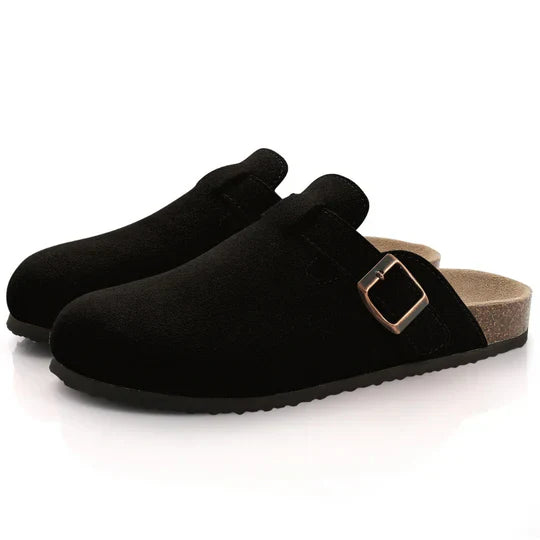 Women's orthopedic suede cork footbed slippers with adjustable straps, shown in beige, offering comfort and style.