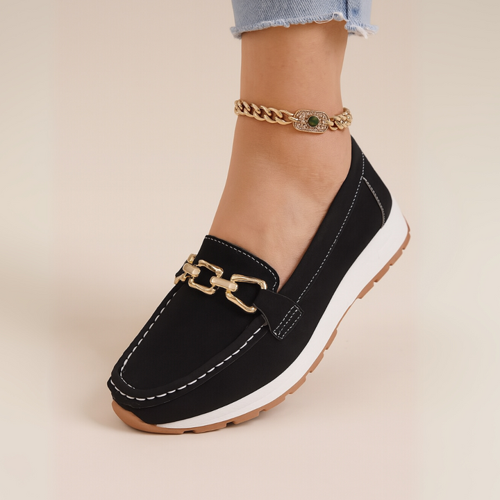 "Women's orthopedic suede loafers with gold chain, non-slip sole, and slip-on design for comfort and style"
