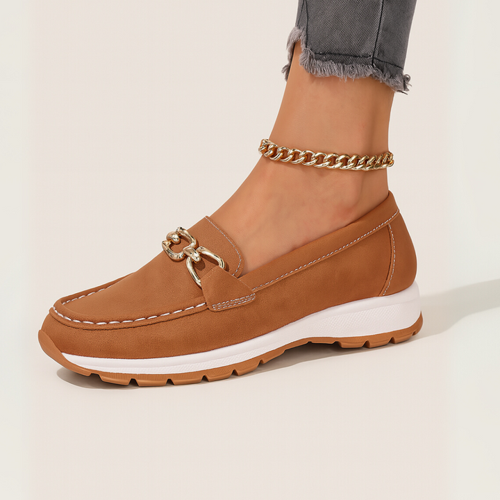 "Women's orthopedic suede loafers with gold chain, non-slip sole, and slip-on design for comfort and style"