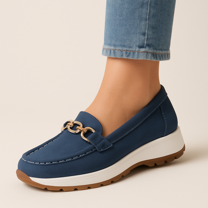 "Women's orthopedic suede loafers with gold chain, non-slip sole, and slip-on design for comfort and style"
