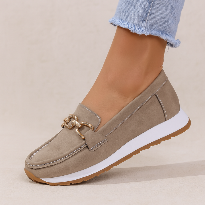"Women's orthopedic suede loafers with gold chain, non-slip sole, and slip-on design for comfort and style"
