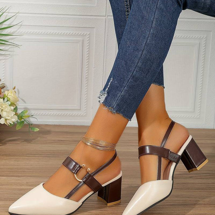 "Women's pointed toe slingback block heels, orthopedic comfort, low block heel, elegant design, versatile footwear."