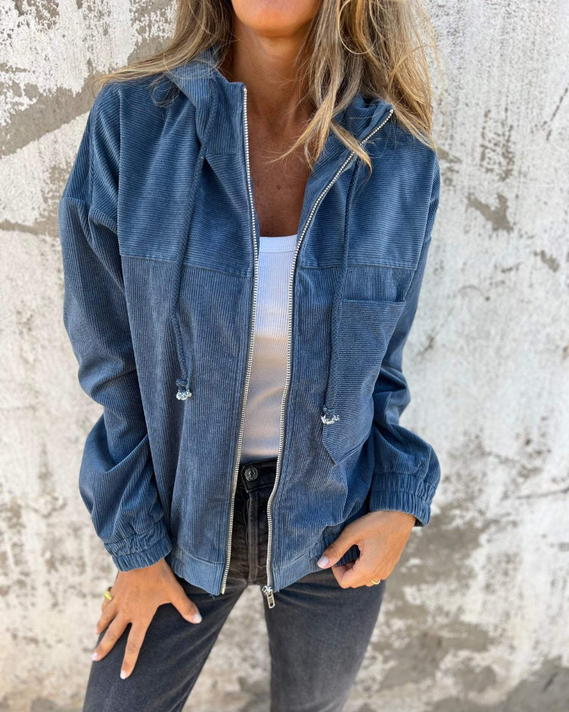 "Women's retro corduroy zip jacket with hood, showcasing vintage style with its textured fabric and practical zip closure."