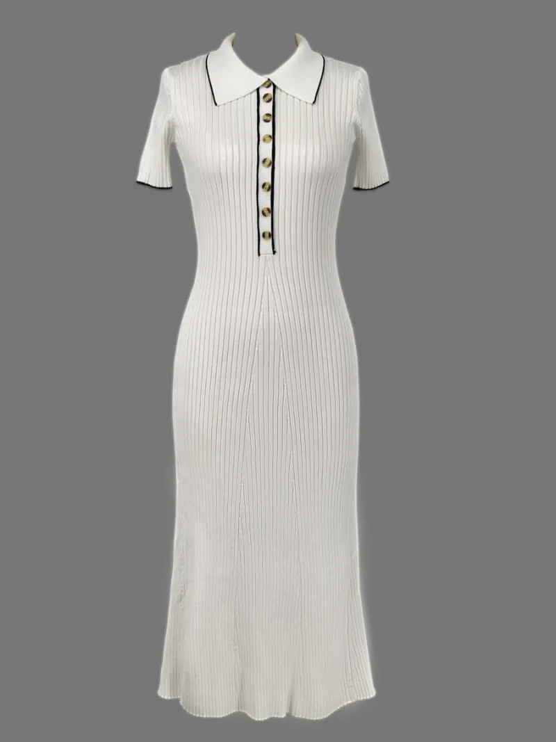 "Women's ribbed knit maxi dress with collared V-neck, button details, and flowing silhouette in versatile colors."