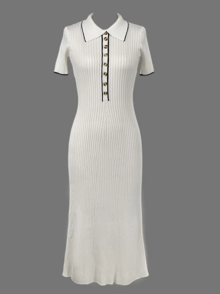 "Women's ribbed knit maxi dress with collared V-neck, button details, and flowing silhouette in versatile colors."