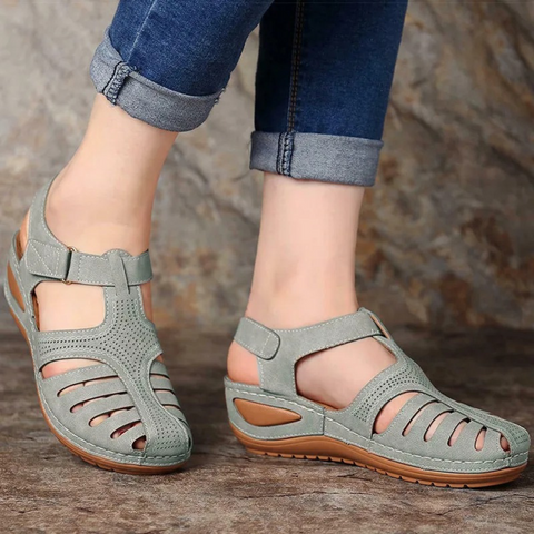 Women's Roman-Style Orthopedic Sandals, blue, ergonomic fit, PU leather, anti-slip sole, Velcro straps, lightweight design.