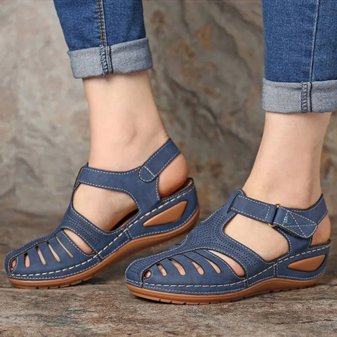 Women's Roman-Style Orthopedic Sandals, blue, ergonomic fit, PU leather, anti-slip sole, Velcro straps, lightweight design.