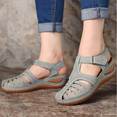 Women's Roman-Style Orthopedic Sandals, blue, ergonomic fit, PU leather, anti-slip sole, Velcro straps, lightweight design.