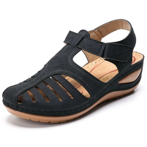 Women's Roman-Style Orthopedic Sandals, blue, ergonomic fit, PU leather, anti-slip sole, Velcro straps, lightweight design.
