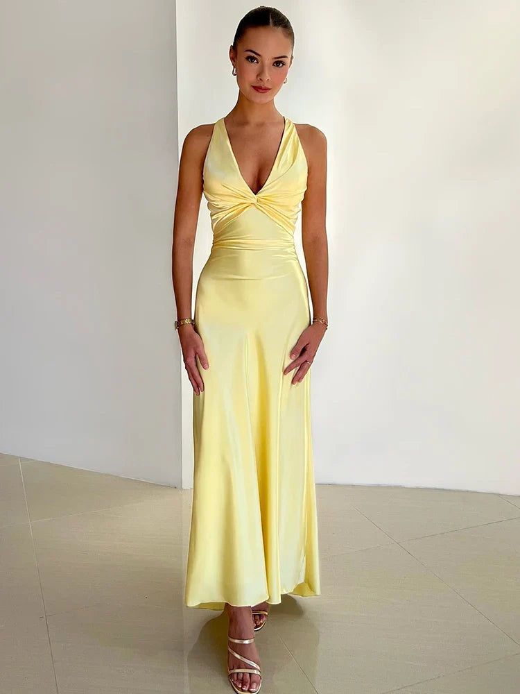 Women's Satin Finish Evening Gown with Halter Neck, Intricate Twist, Maxi Length in Luxurious Satin for Formal Events.