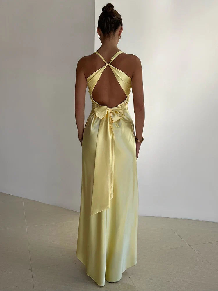 Women's Satin Finish Evening Gown with Halter Neck, Intricate Twist, Maxi Length in Luxurious Satin for Formal Events.