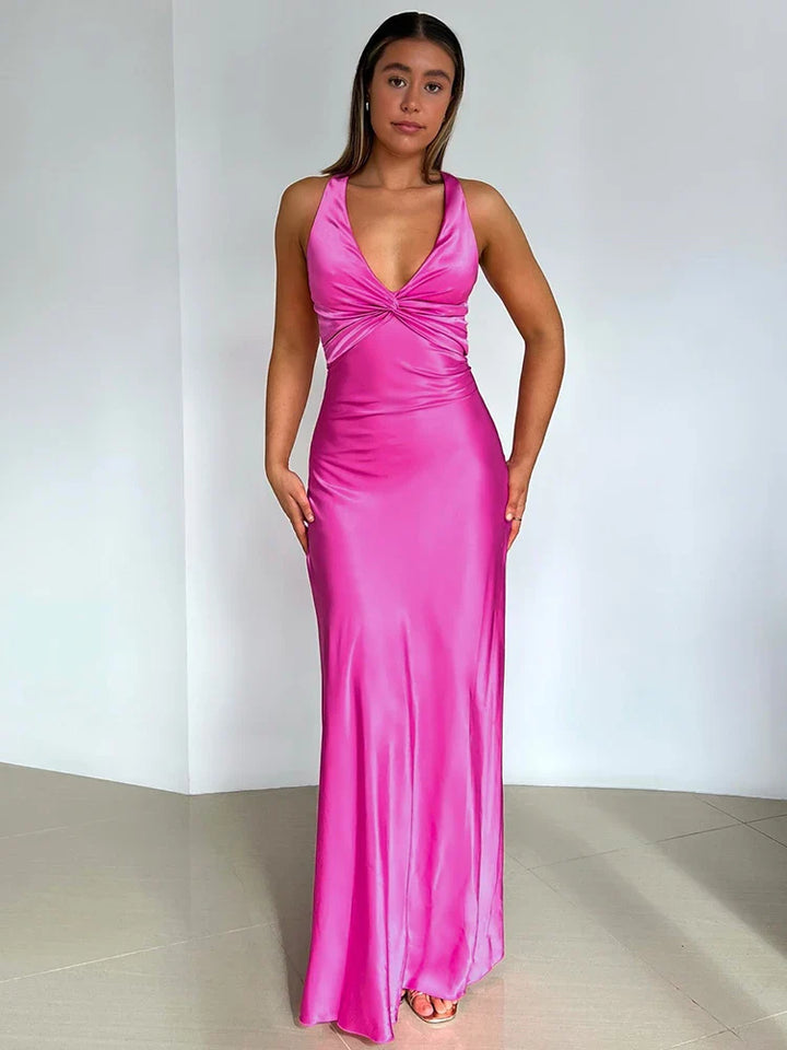 Women's Satin Finish Evening Gown with Halter Neck, Intricate Twist, Maxi Length in Luxurious Satin for Formal Events.