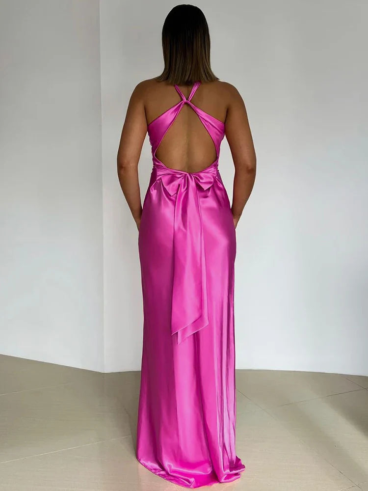 Women's Satin Finish Evening Gown with Halter Neck, Intricate Twist, Maxi Length in Luxurious Satin for Formal Events.