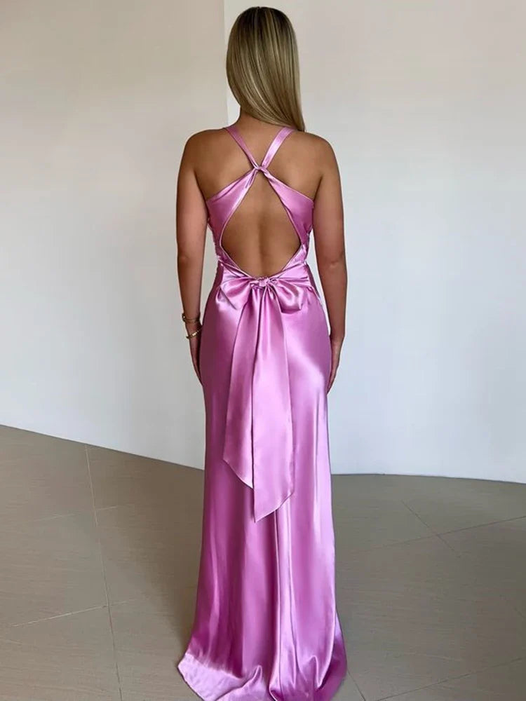 Women's Satin Finish Evening Gown with Halter Neck, Intricate Twist, Maxi Length in Luxurious Satin for Formal Events.