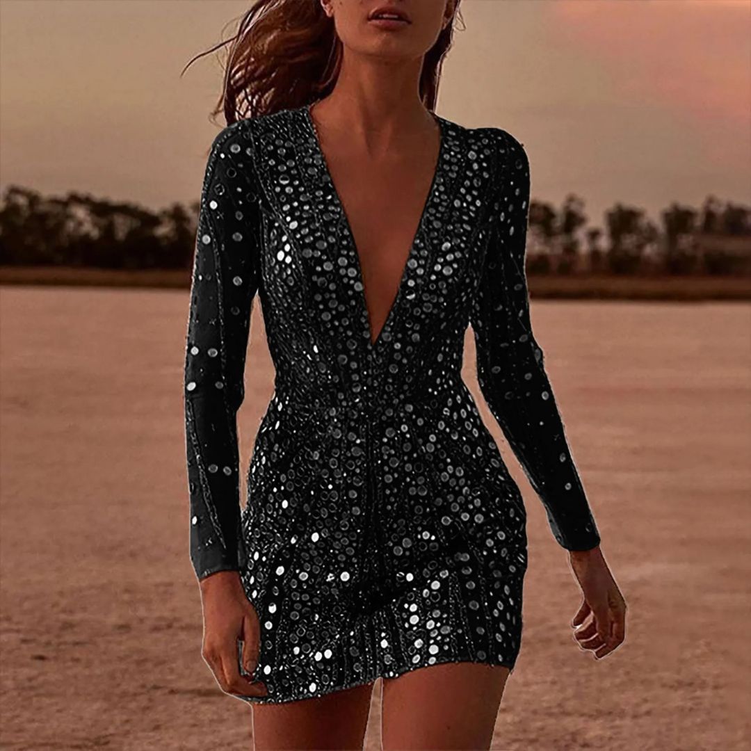 "Women's sequin mini dress, V-neck, long sleeves, shimmering sequins, elegant silhouette, ideal for special occasions."