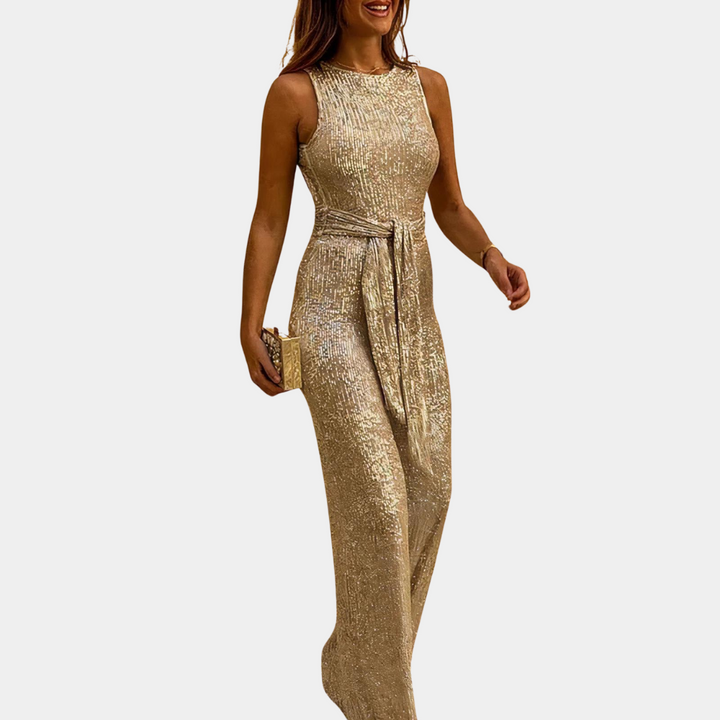 Women's sequined jumpsuit with tailored fit, sparkling sequins, alluring silhouette, perfect for parties or special occasions