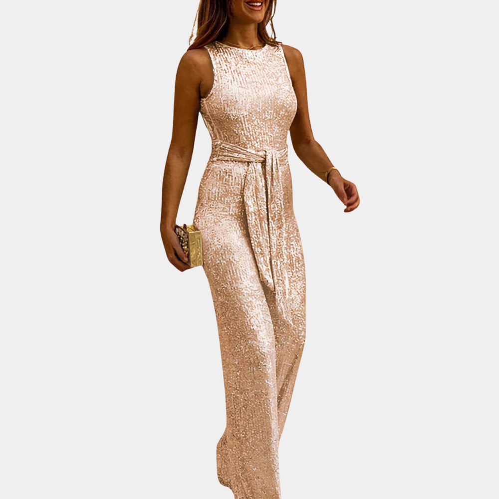 Women's sequined jumpsuit with tailored fit, sparkling sequins, alluring silhouette, perfect for parties or special occasions