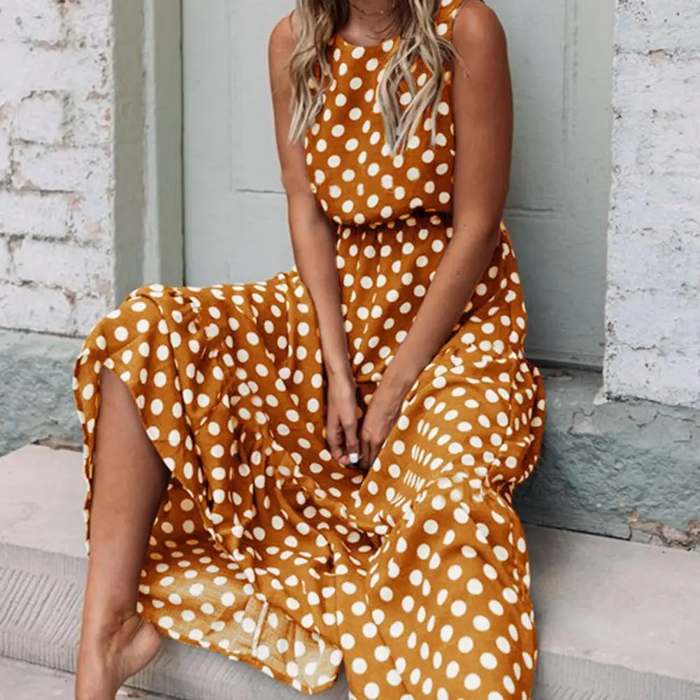 "Women's sleeveless polka dot maxi dress, vintage vibe, flowing fit, sleeveless for comfort, perfect for casual outings."