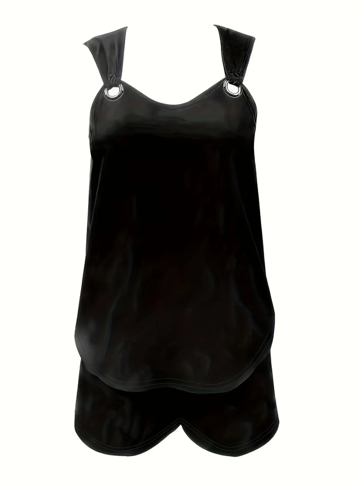 "Women's sleeveless romper with ring strap, pockets; elegant summer jumpsuit, lightweight fabric for chic, relaxed outings."