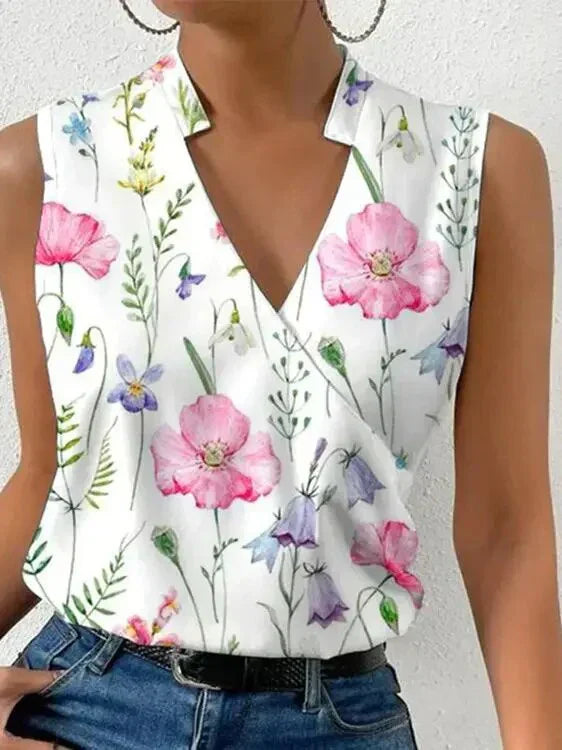 "Women's sleeveless summer blouse, white, chic and versatile design, perfect for casual or dressy occasions, breathable fabri