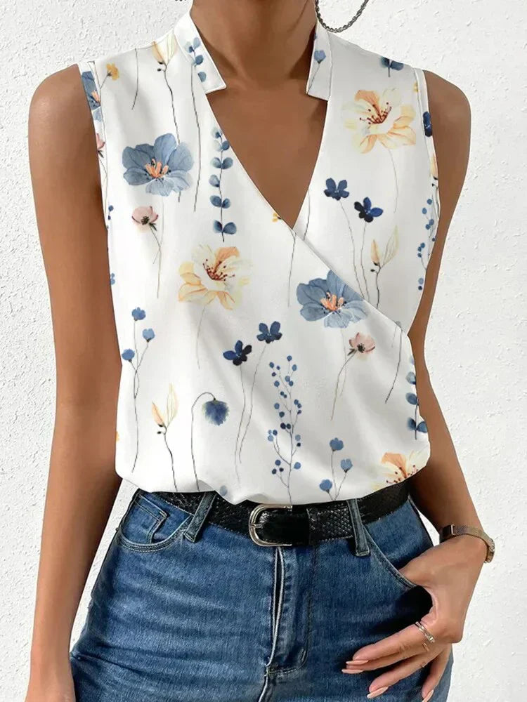 "Women's sleeveless summer blouse, white, chic and versatile design, perfect for casual or dressy occasions, breathable fabri