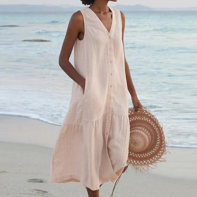 "Women's sleeveless V-neck summer dress with pockets, front view, ideal for casual outings and beach days."