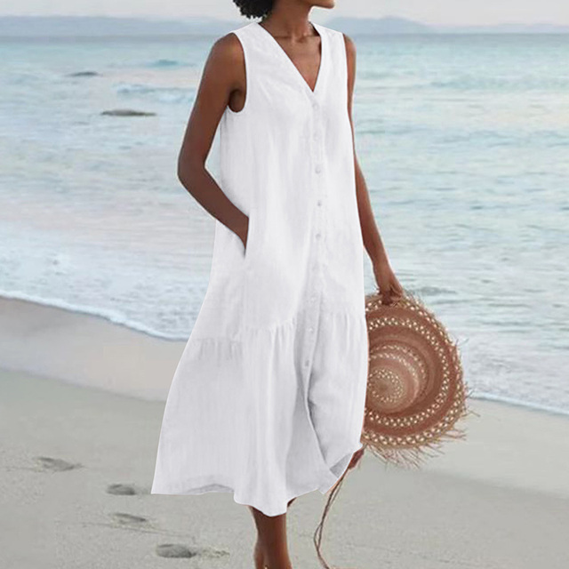 "Women's sleeveless V-neck summer dress with pockets, front view, ideal for casual outings and beach days."