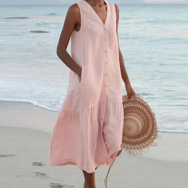 "Women's sleeveless V-neck summer dress with pockets, front view, ideal for casual outings and beach days."