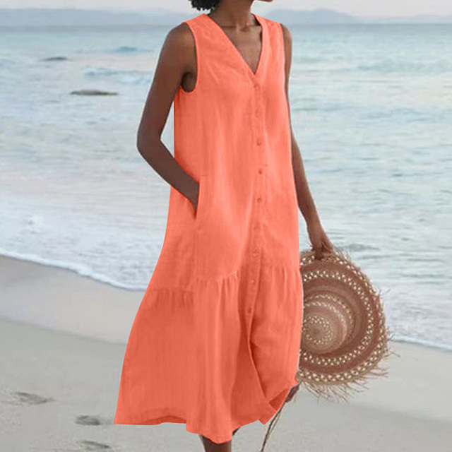 "Women's sleeveless V-neck summer dress with pockets, front view, ideal for casual outings and beach days."