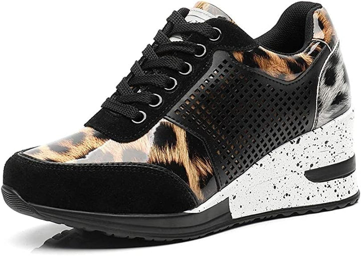 "Women's sneakers with hidden wedge heel, breathable mesh design, lace-up, in various colors, chic and comfortable."