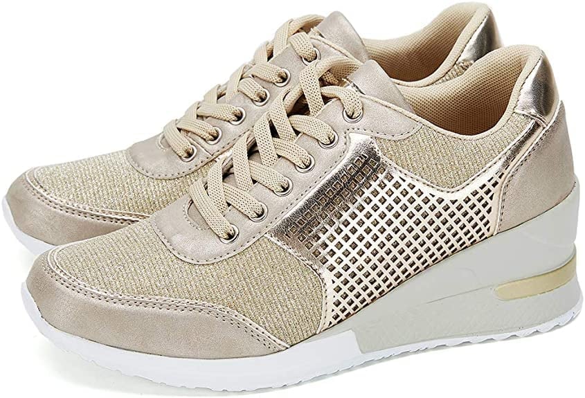 "Women's sneakers with hidden wedge heel, breathable mesh design, lace-up, in various colors, chic and comfortable."