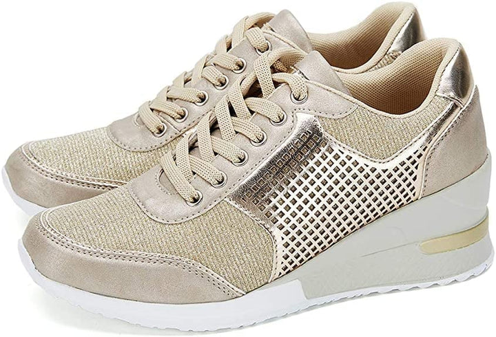 "Women's sneakers with hidden wedge heel, breathable mesh design, lace-up, in various colors, chic and comfortable."
