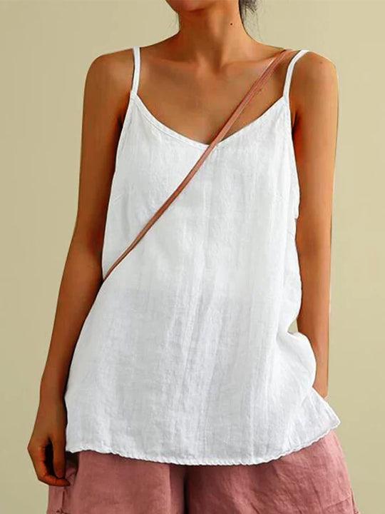 "Women's spaghetti strap summer linen top, lightweight, flowy fit, perfect for warm days, showcases effortless style."