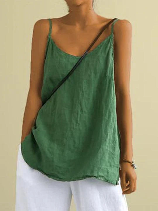 "Women's spaghetti strap summer linen top, lightweight, flowy fit, perfect for warm days, showcases effortless style."
