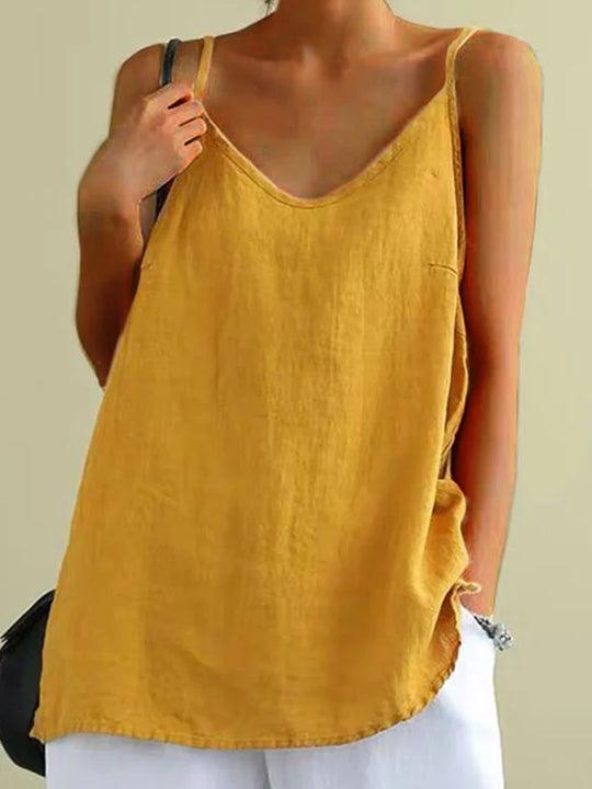 "Women's spaghetti strap summer linen top, lightweight, flowy fit, perfect for warm days, showcases effortless style."