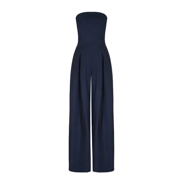"Women's strapless cotton wide-leg jumpsuit, tailored fit, flowy silhouette, in beige, black, dark blue color options."