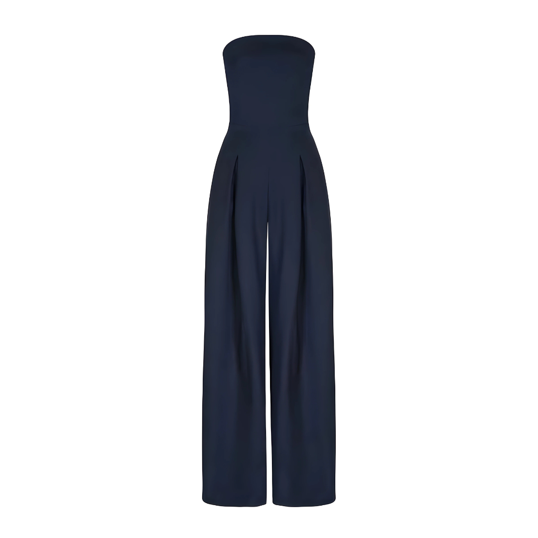 "Women's strapless cotton wide-leg jumpsuit, tailored fit, flowy silhouette, in beige, black, dark blue color options."
