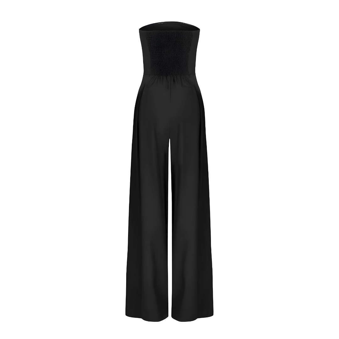 "Women's strapless cotton wide-leg jumpsuit, tailored fit, flowy silhouette, in beige, black, dark blue color options."