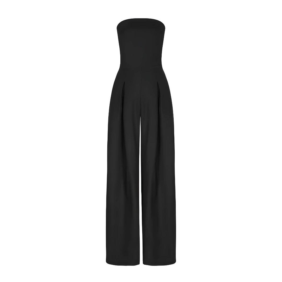 "Women's strapless cotton wide-leg jumpsuit, tailored fit, flowy silhouette, in beige, black, dark blue color options."