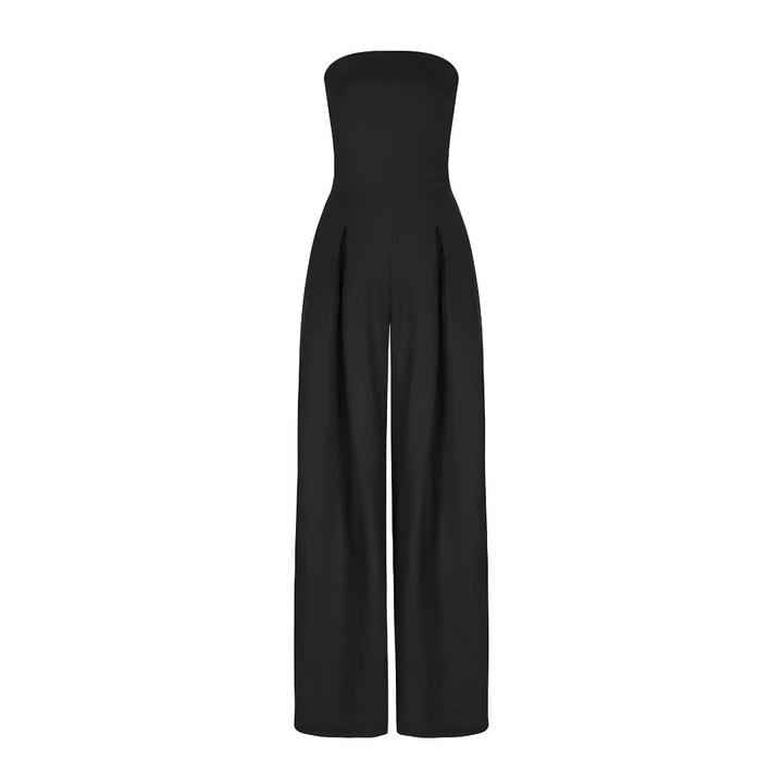 "Women's strapless cotton wide-leg jumpsuit, tailored fit, flowy silhouette, in beige, black, dark blue color options."