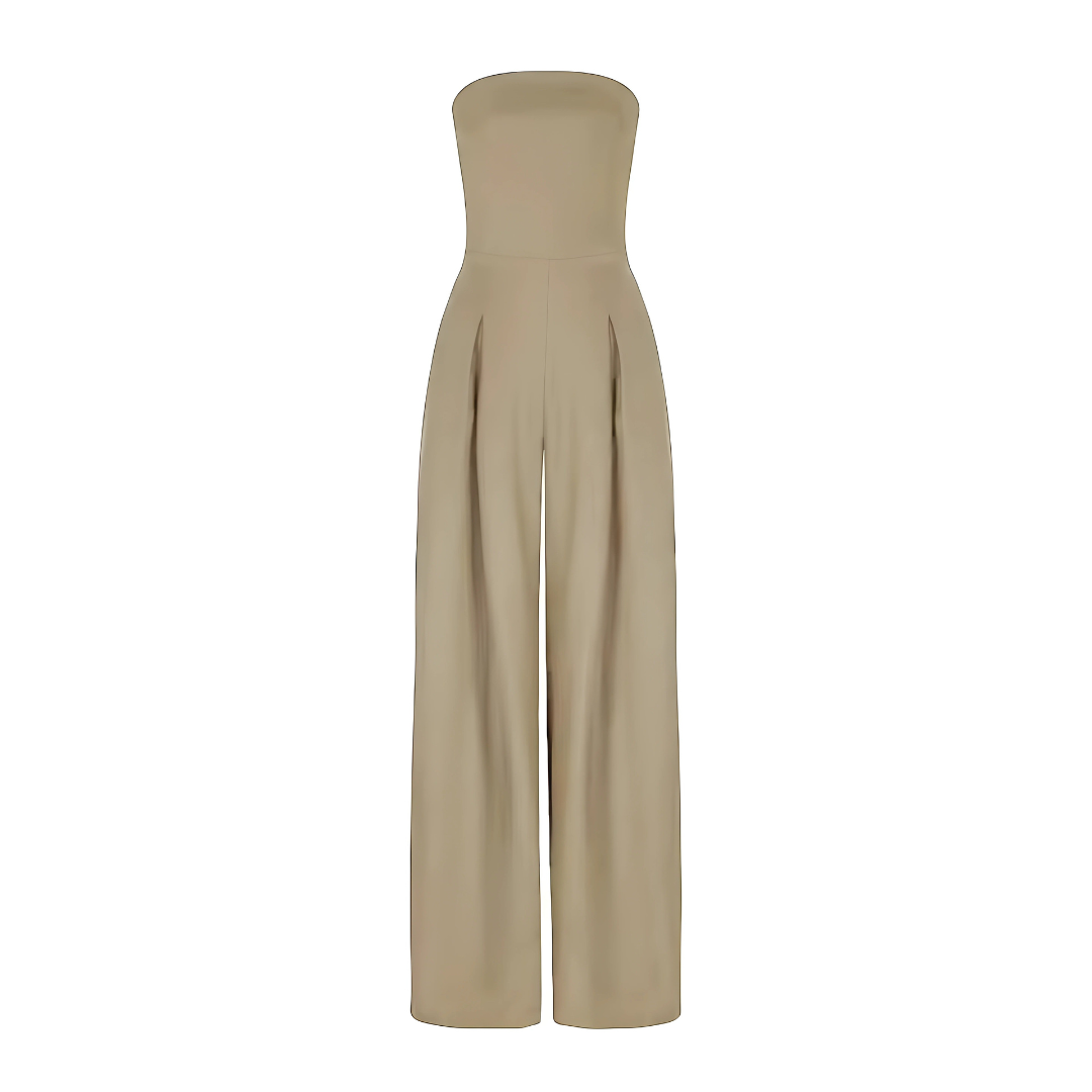 "Women's strapless cotton wide-leg jumpsuit, tailored fit, flowy silhouette, in beige, black, dark blue color options."