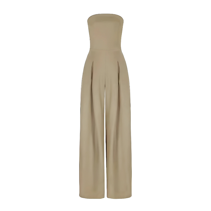 "Women's strapless cotton wide-leg jumpsuit, tailored fit, flowy silhouette, in beige, black, dark blue color options."