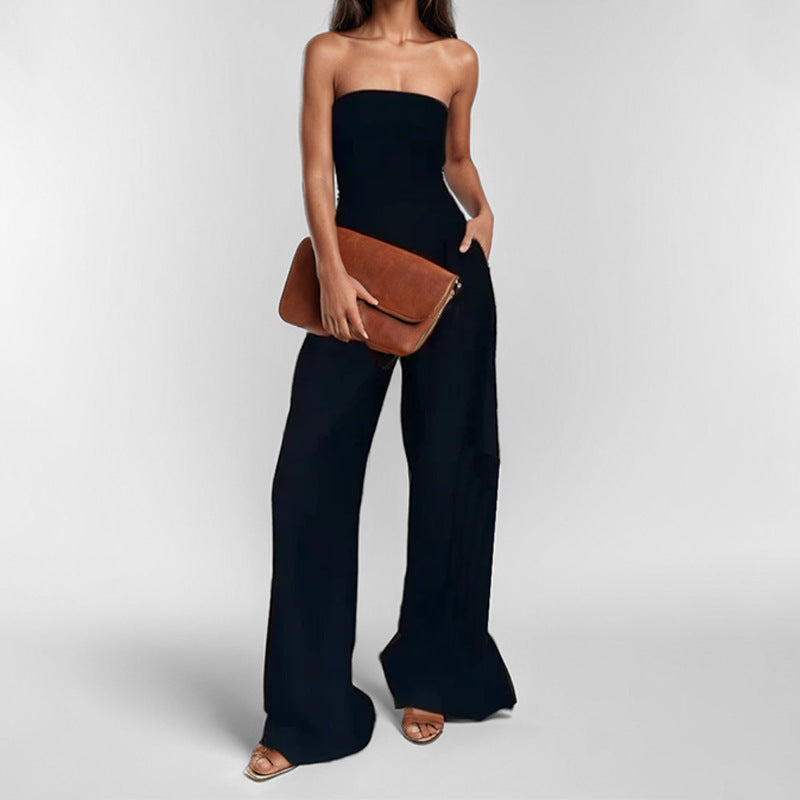 Women's strapless wide-leg satin jumpsuit, elegant tailored fit, sleeveless, chic evening style, luxe satin fabric.