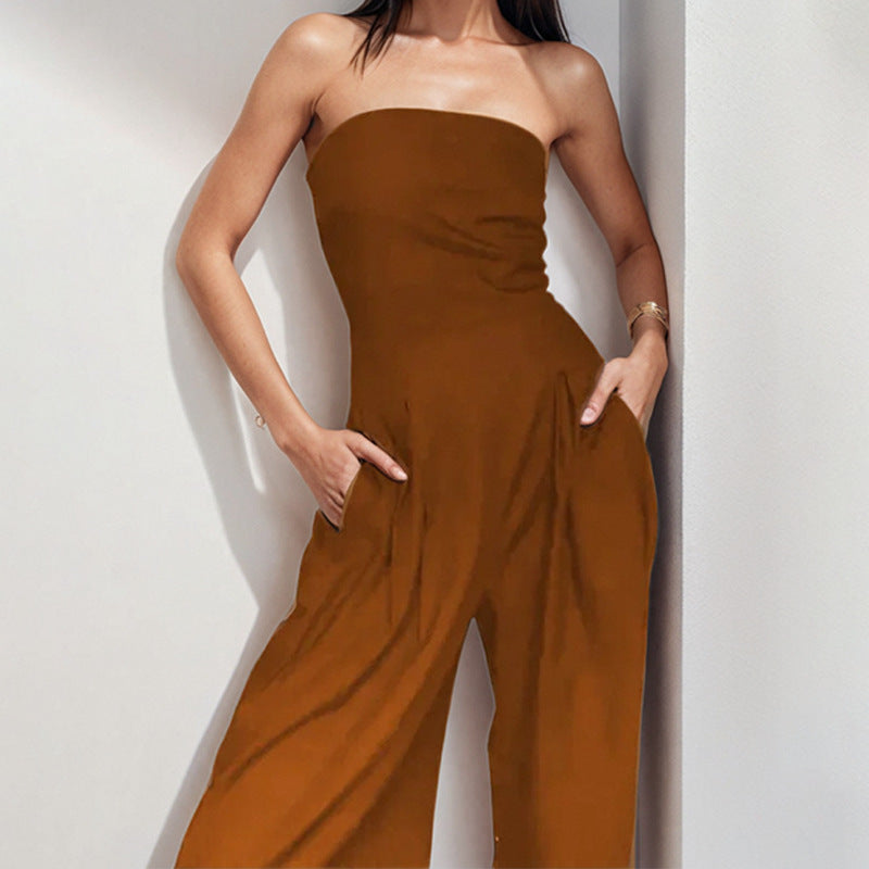 Women's strapless wide-leg satin jumpsuit, elegant tailored fit, sleeveless, chic evening style, luxe satin fabric.