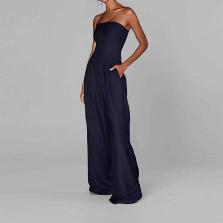 Women's strapless wide-leg satin jumpsuit, elegant tailored fit, sleeveless, chic evening style, luxe satin fabric.