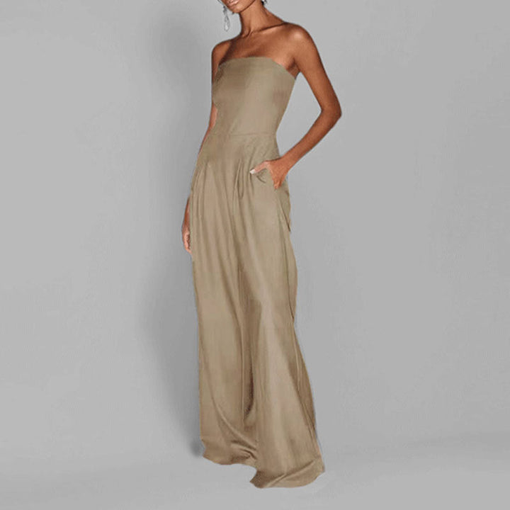 Women's strapless wide-leg satin jumpsuit, elegant tailored fit, sleeveless, chic evening style, luxe satin fabric.