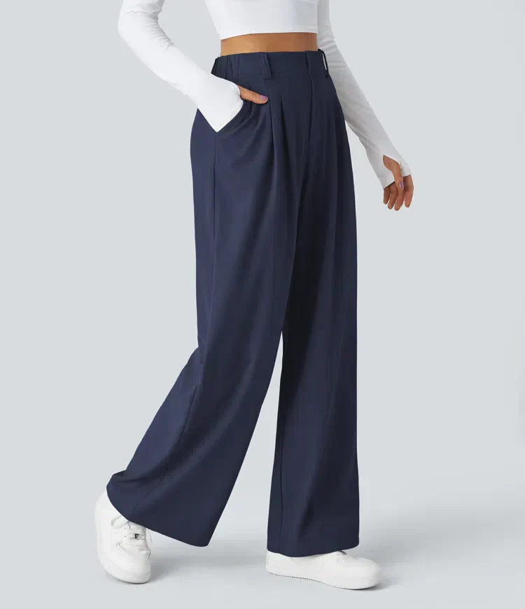 Women's stretch trousers, black, smooth fabric, tailored fit, flexible style, ideal for casual to formal outfits.