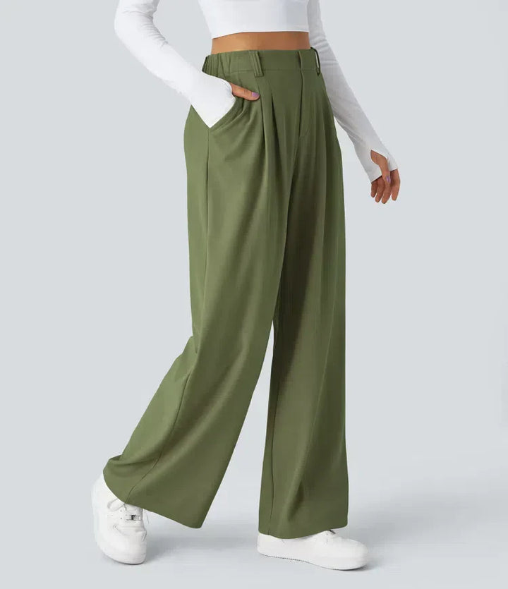 Women's stretch trousers, black, smooth fabric, tailored fit, flexible style, ideal for casual to formal outfits.