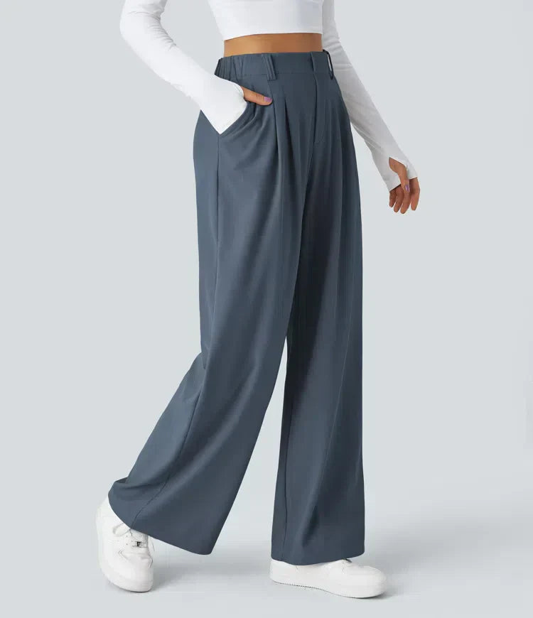 Women's stretch trousers, black, smooth fabric, tailored fit, flexible style, ideal for casual to formal outfits.